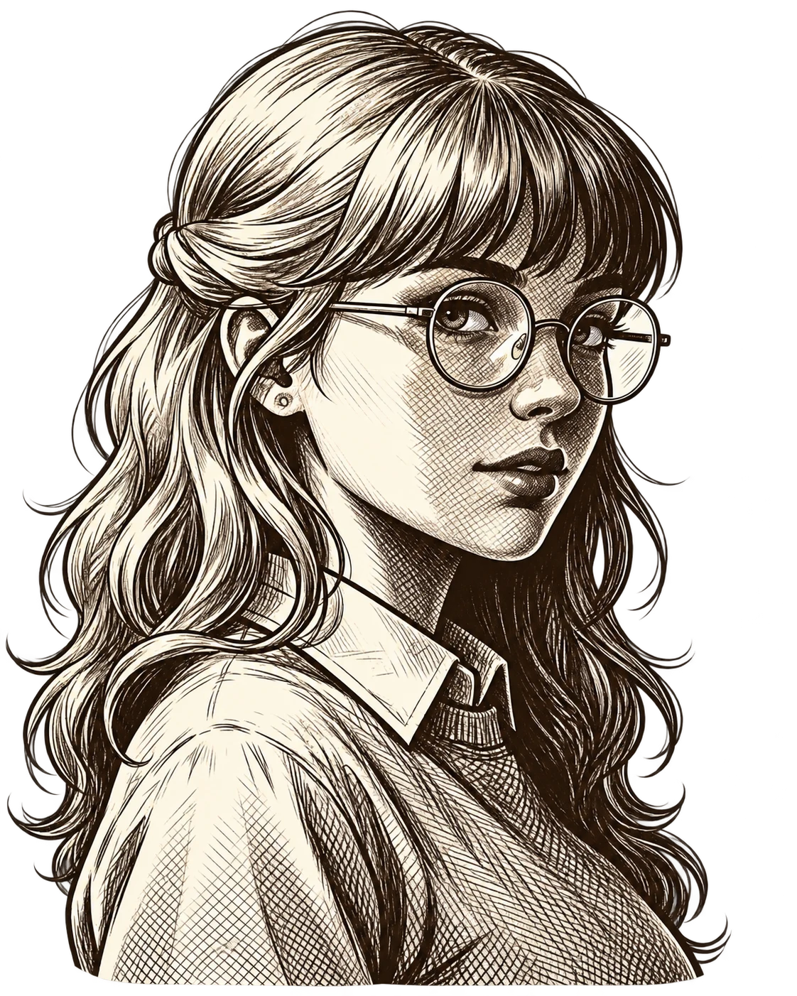 Eva in round glasses, with wavy hair, a collared shirt and knitwear. An original ink illustration.
